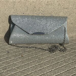 ✨ Silver Glitter Evening Clutch Purse w/ Chain Strap – Wedding, Prom, Party Bag